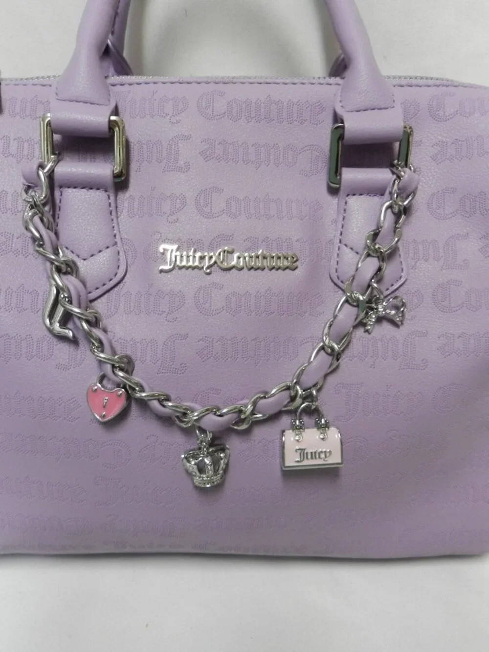Juicy Couture faux leather barrel tote bag purse Purple zip top  Chain w/ Jewels